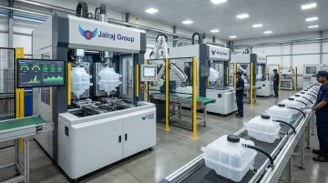 Automated blow molding production line manufacturing automotive coolant reservoir tanks