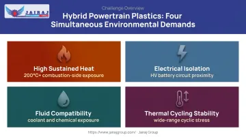 Four hybrid powertrain plastic component environmental demands infographic