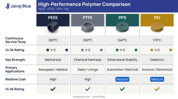 PEEK PTFE PPS PEI high-performance plastics comparison chart by temperature and properties