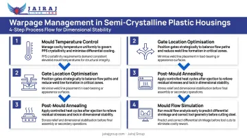 Four-step warpage management process for semi-crystalline TPMS housing moulding infographic