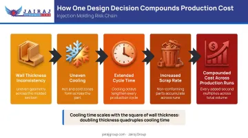 Plastic part cost compounding chain from wall thickness to scrap rate infographic