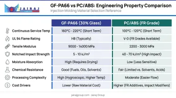 GF-PA66 versus PC/ABS eight-property performance comparison infographic for EV housings