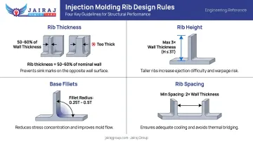 Four rib and boss design rules for injection moulded rail plastic components