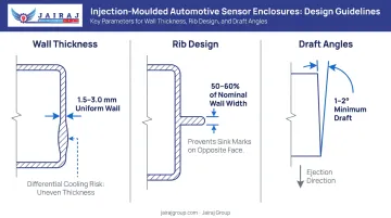 Injection moulded sensor enclosure wall thickness rib and draft angle design guidelines