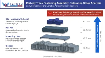 Railway track fastening assembly tolerance stack-up showing cumulative dimensional error