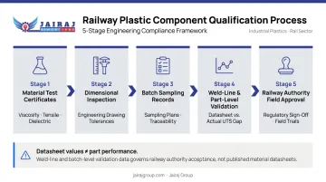 Railway plastic component qualification process five-stage documentation flow infographic