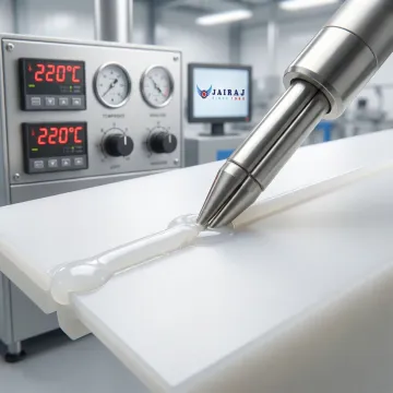Close-up view of precision plastic welding process showing clean, strong joint formation
