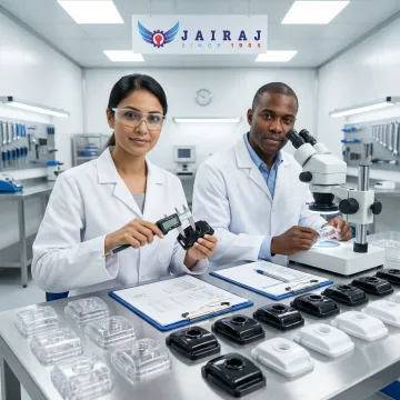 Engineers inspecting precision plastic components with measurement tools