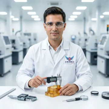 Engineer inspecting precision plastic component with digital measurement tools