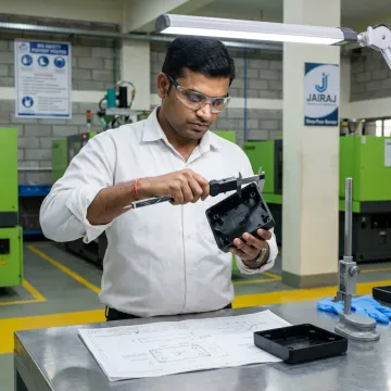 Engineer inspecting plastic electronics enclosure components