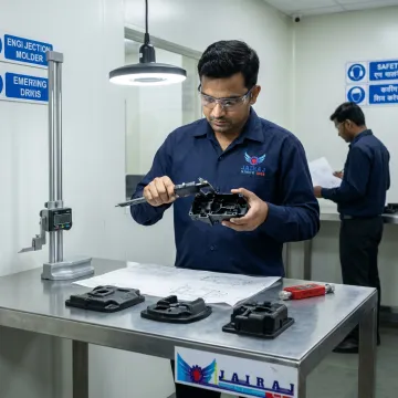 Engineer reviewing OEM plastic components and tooling