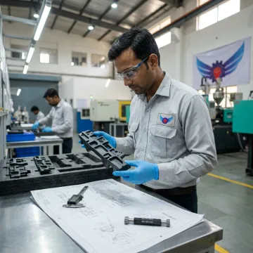 Engineer inspecting railway plastic parts during manufacturing