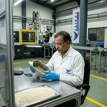 Sustainable bio-packaging plastic parts in production