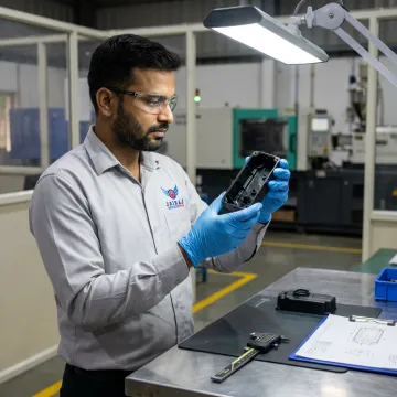 Engineer inspecting moulded defence plastic parts