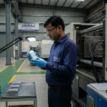 Engineer inspecting molded plastic components