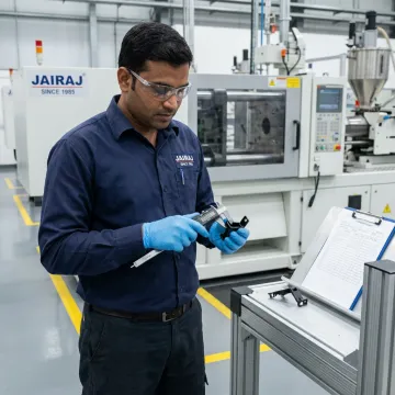 Engineer inspecting automotive plastic parts during manufacturing