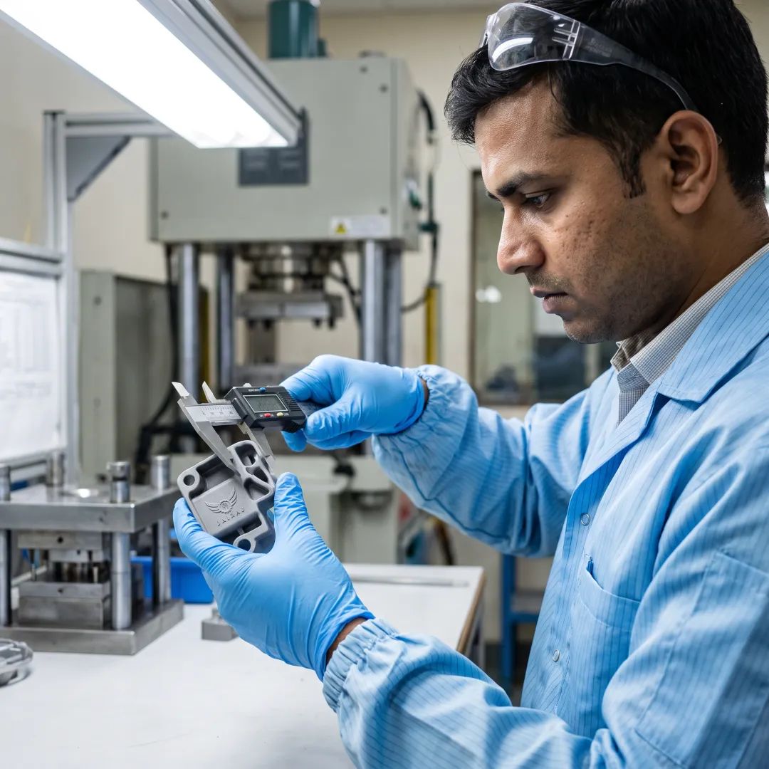 Engineer inspecting molded plastic component