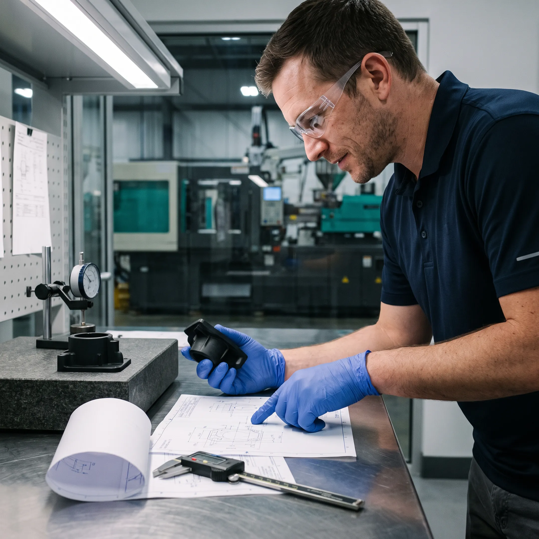 Engineer reviewing precision polymer component