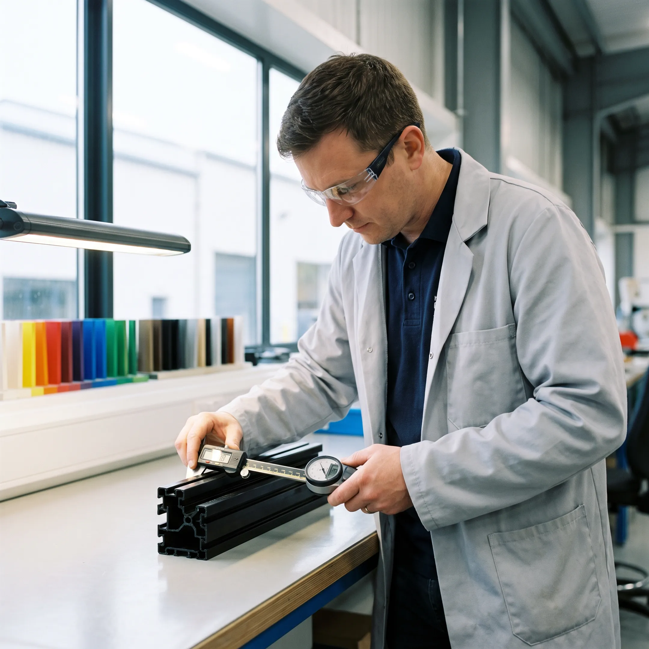 Engineer inspecting a custom plastic extrusion profile