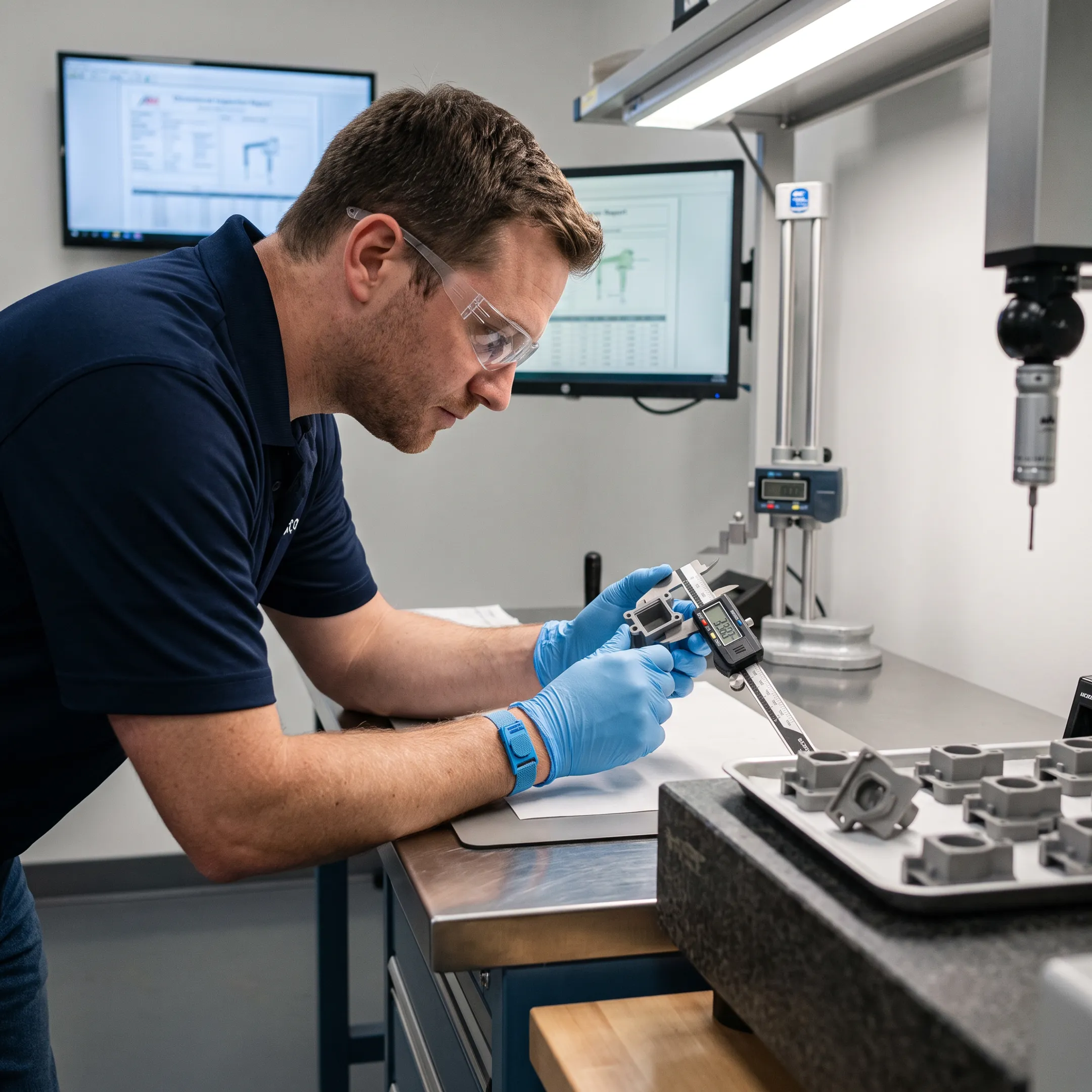 Engineer inspecting a precision moulded plastic part