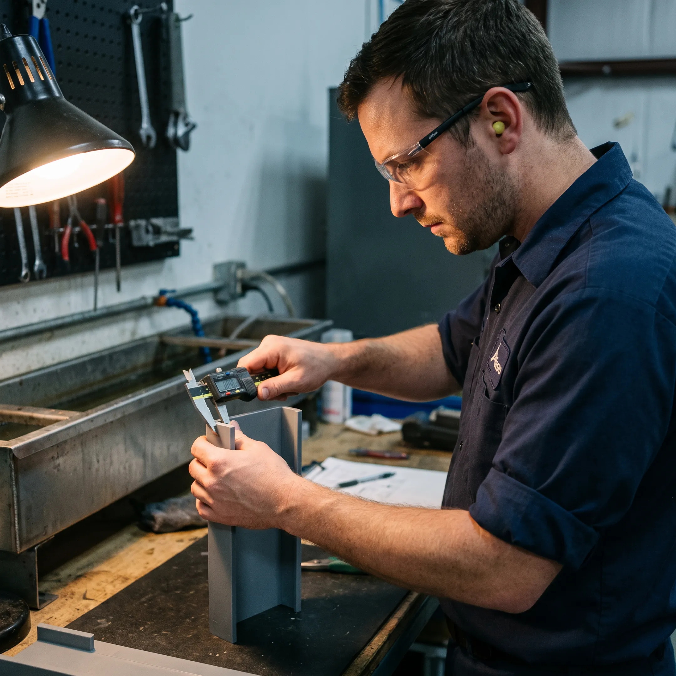 Engineer inspecting a custom ABS extrusion profile