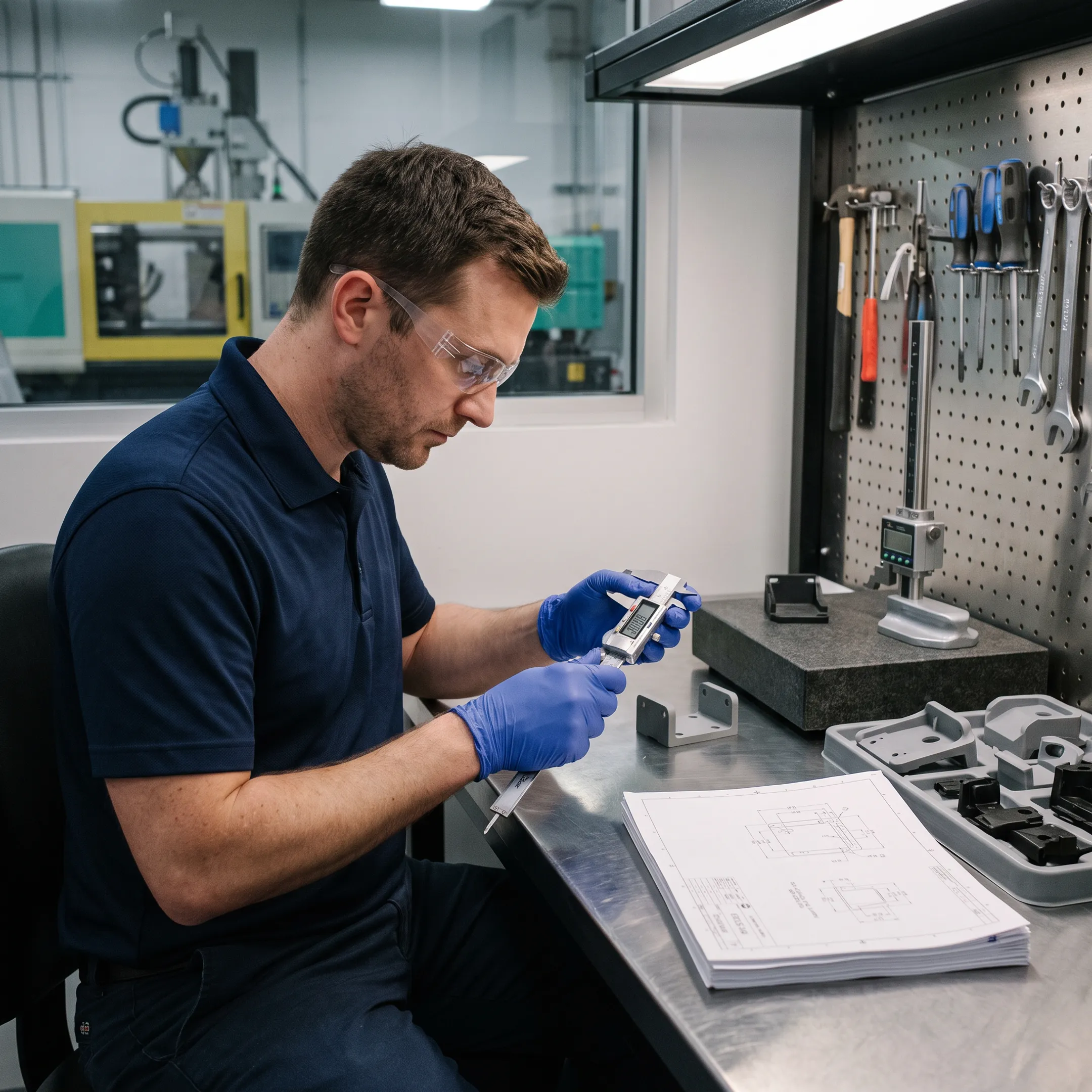 Engineer inspecting precision molded plastic component