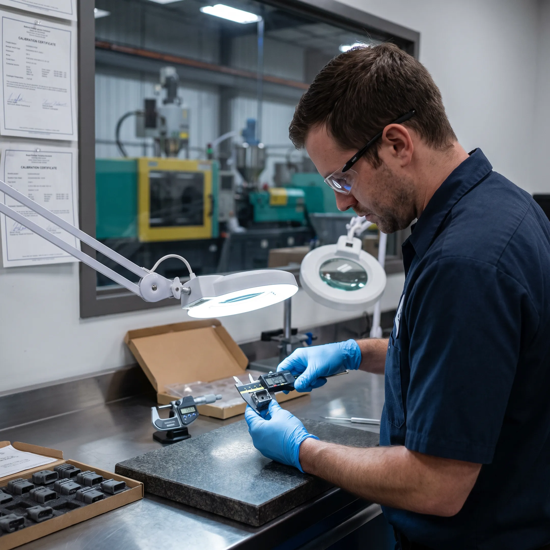 Engineer inspecting precision molded plastic component