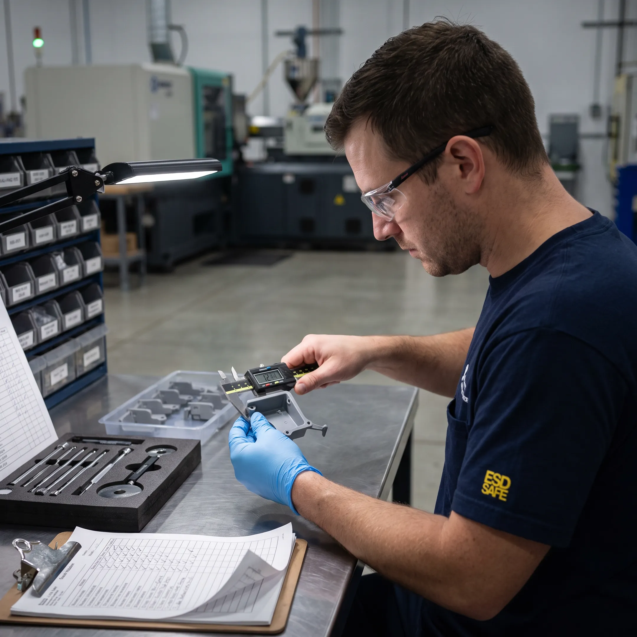 Technician inspecting precision polymer components