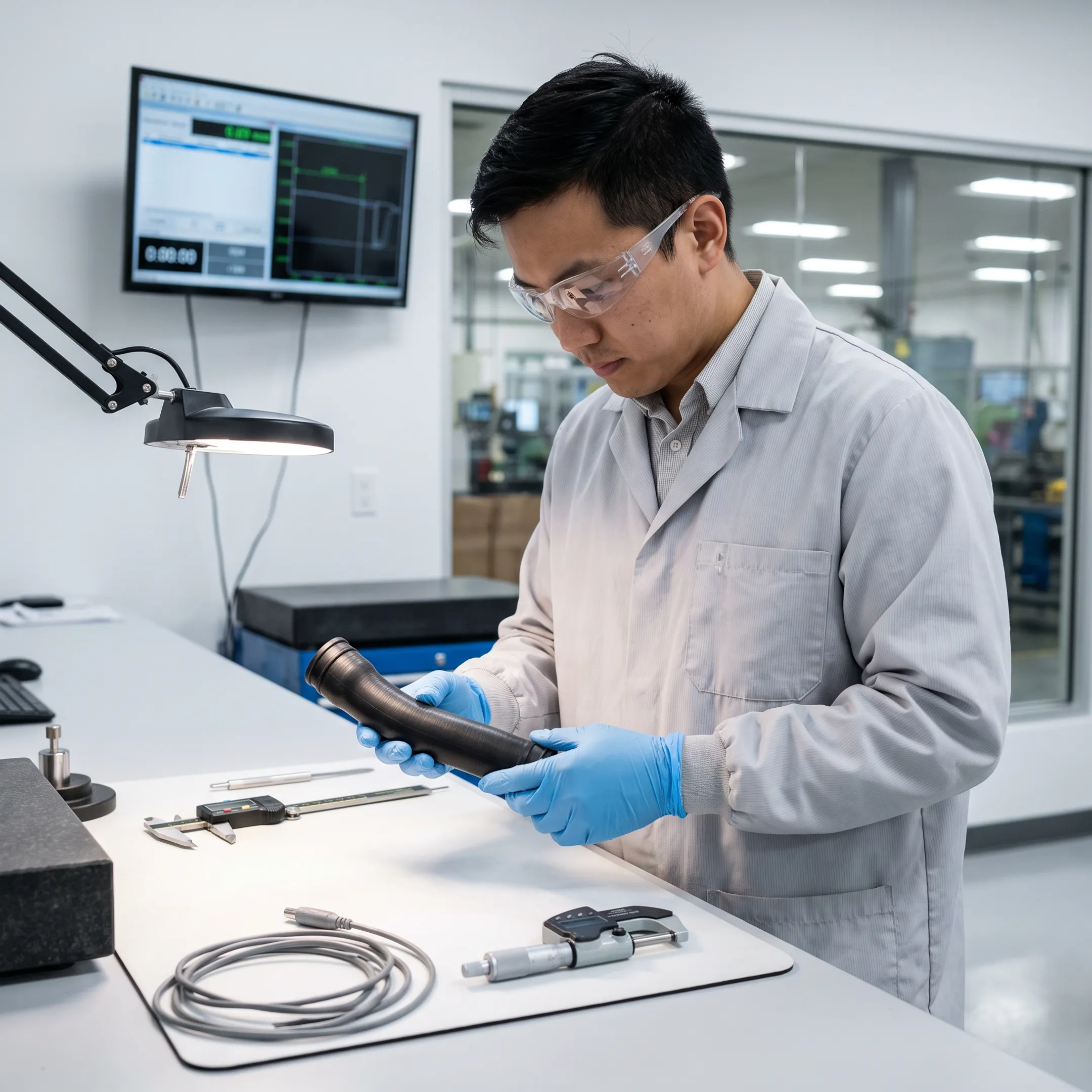 Engineer reviewing automotive hose component