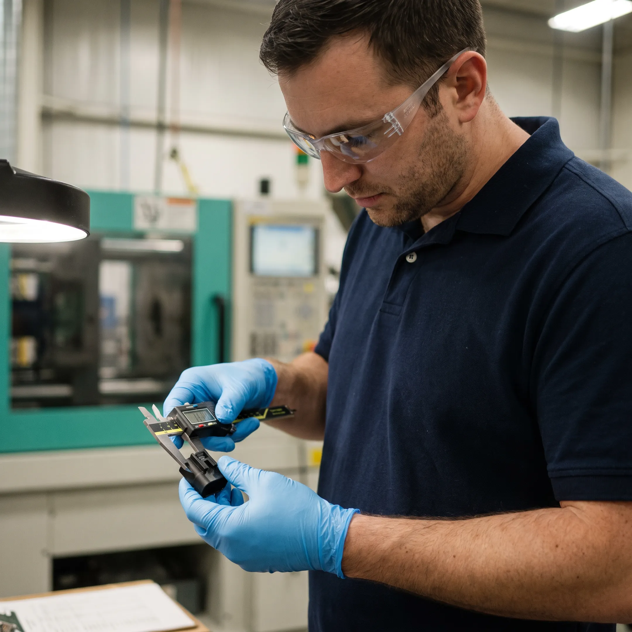 Engineer inspecting precision molded plastic component