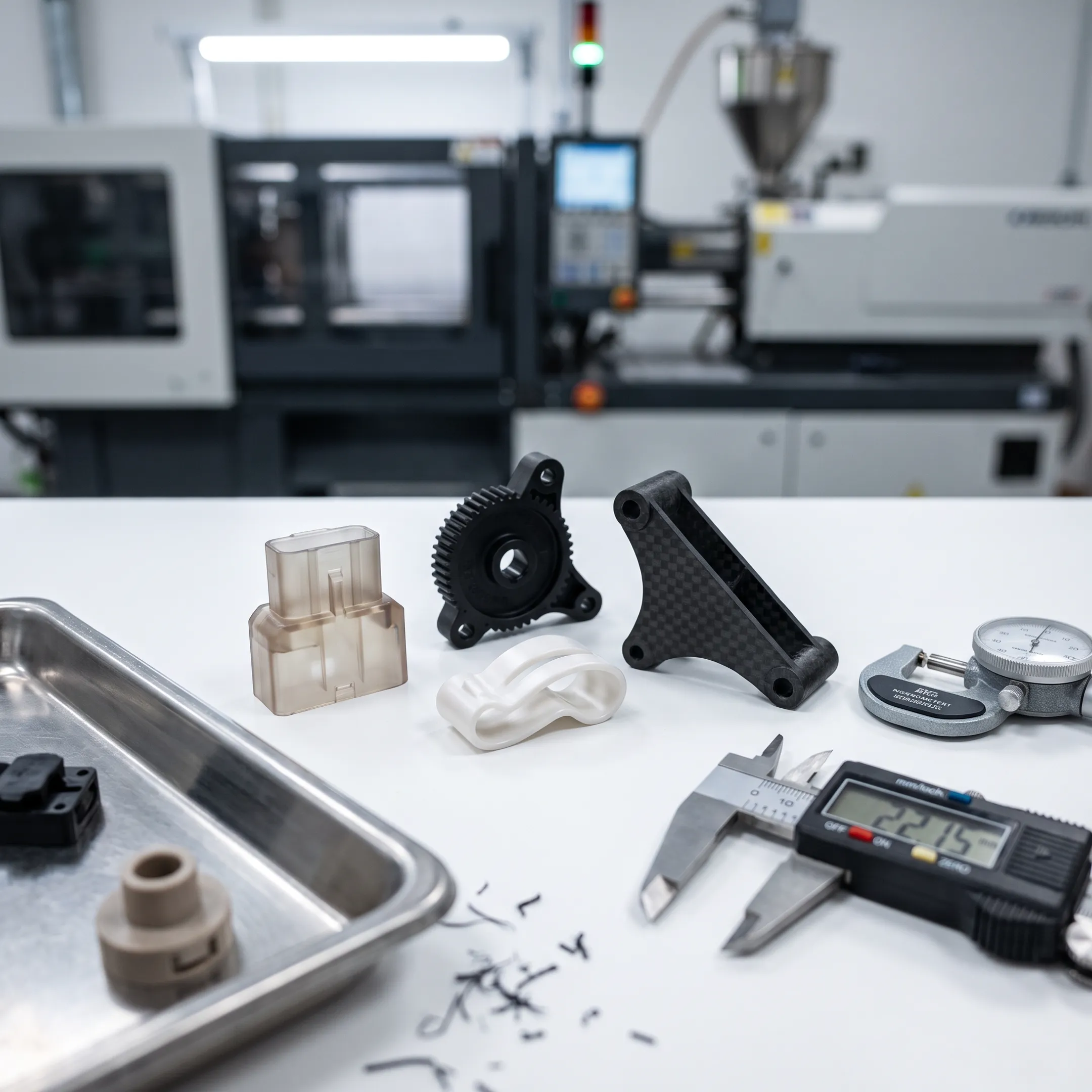 Precision molded polymer parts on a quality inspection table