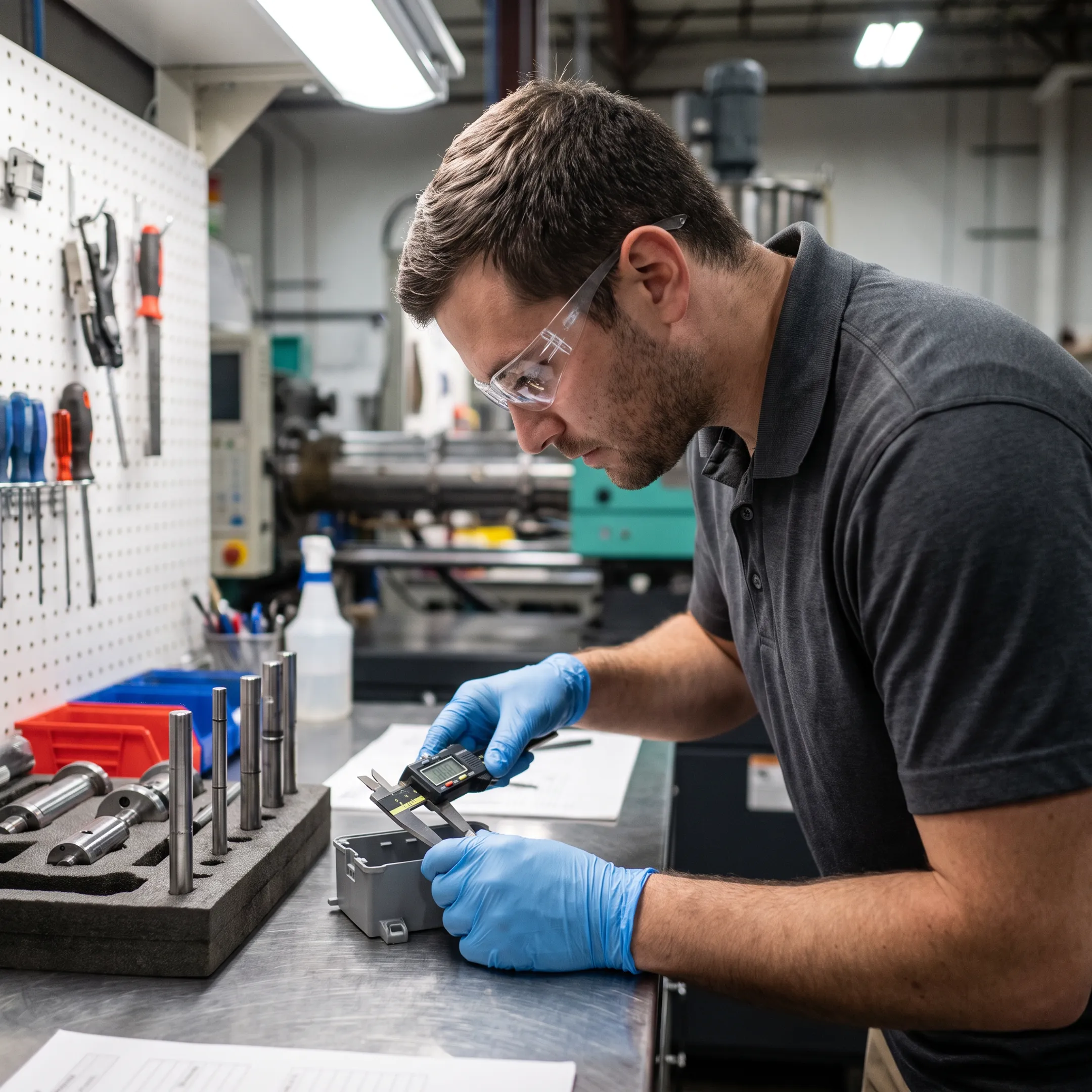Engineer inspecting precision molded polymer component