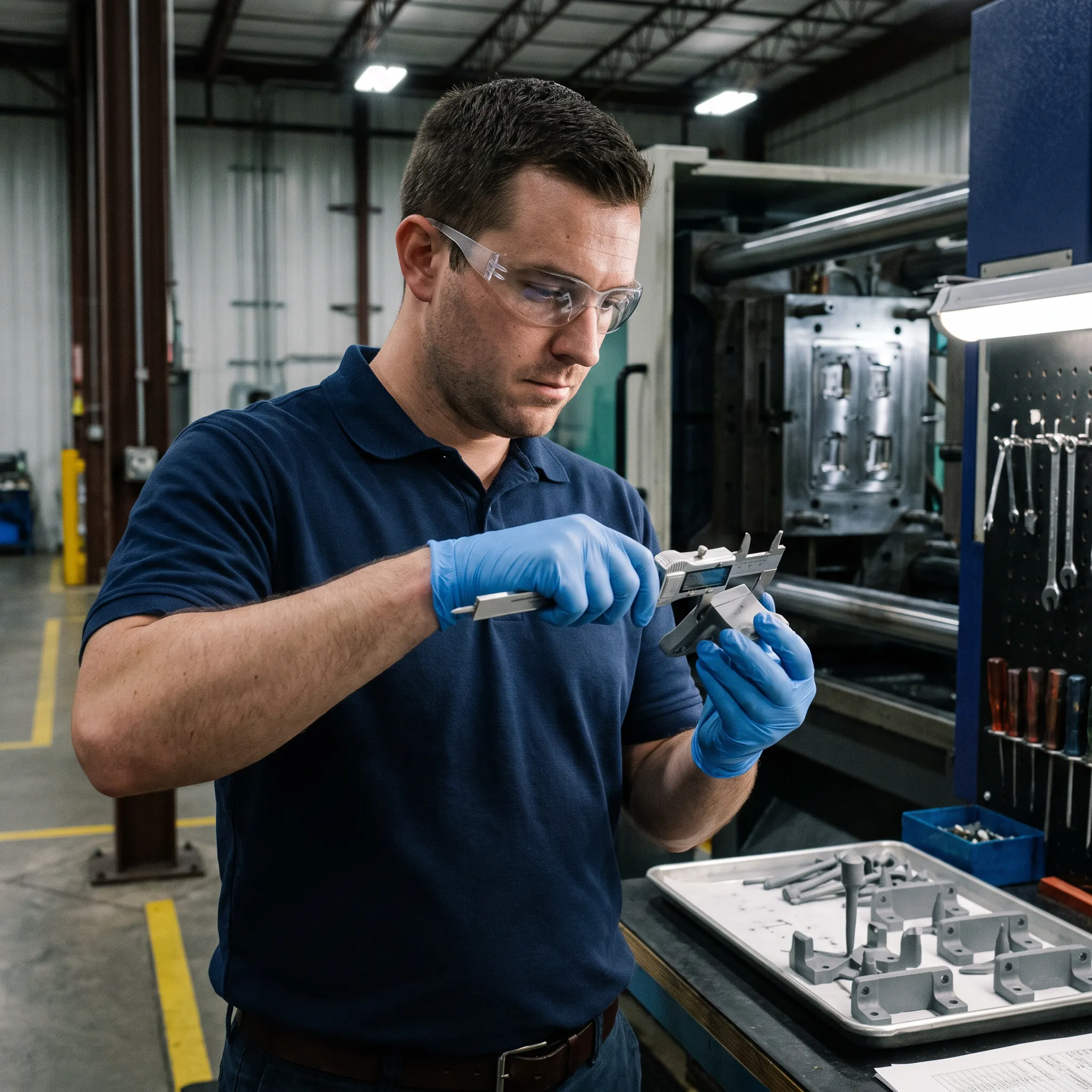 Engineer inspecting molded plastic part