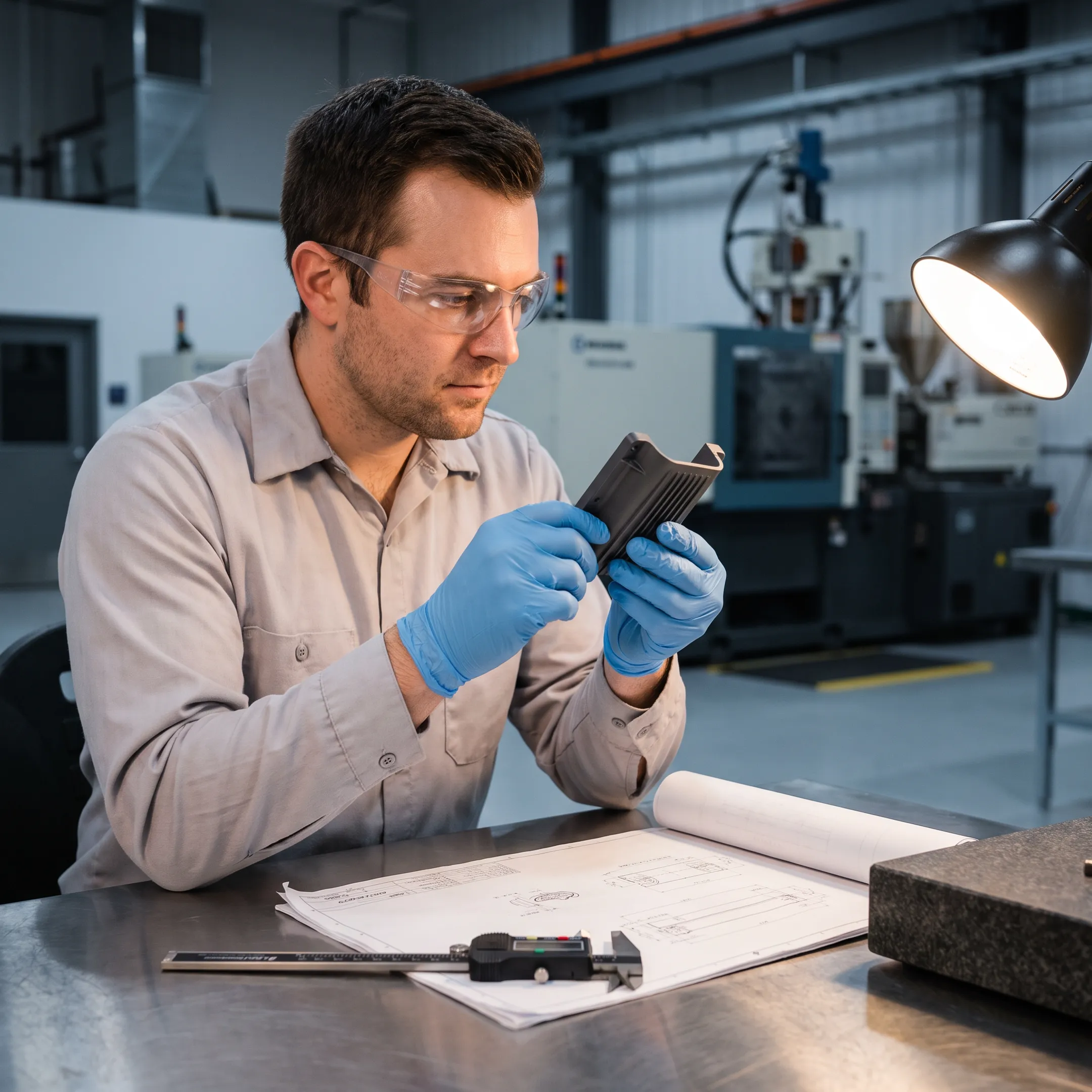 Engineer reviewing precision molded plastic component