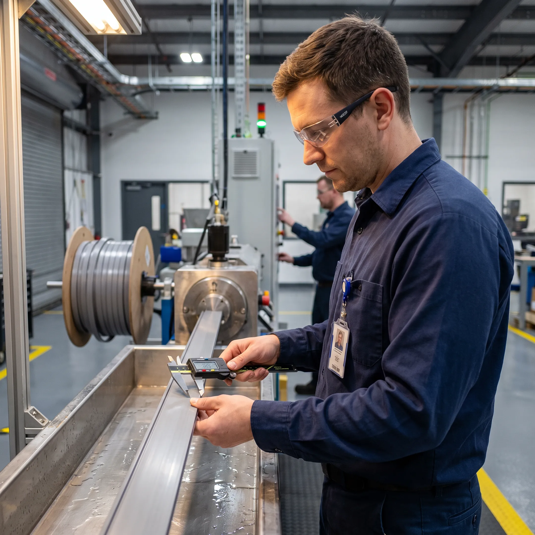 Engineer inspecting a plastic extrusion profile