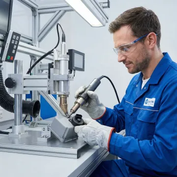 Professional plastic welding technician performing precision welding on industrial plastic components