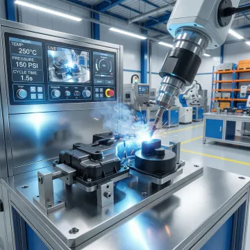 Industrial plastic welding equipment performing precision welding on polymer components