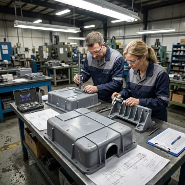 Engineers inspecting molded construction equipment components