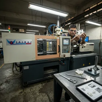 Engineer inspecting injection moulded plastic parts