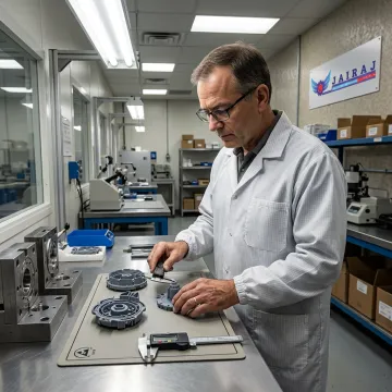 Engineer inspecting moulded medical plastic components