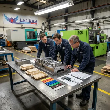 Engineers reviewing sustainable plastic part tooling
