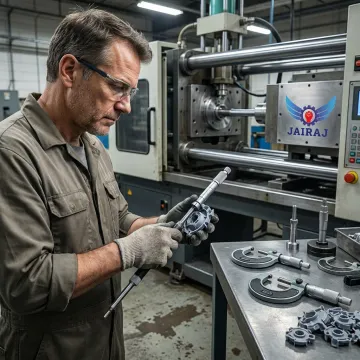 Technician inspecting moulded plastic parts