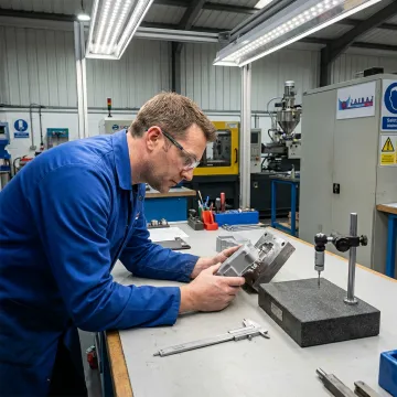 Engineer inspecting EV plastic component tooling