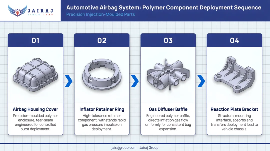 Four-component automotive airbag system polymer parts deployment sequence diagram