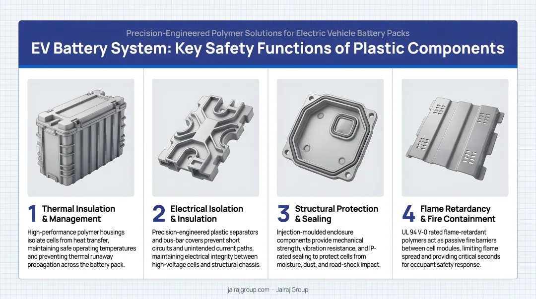 EV battery system plastic components four key safety functions illustrated breakdown
