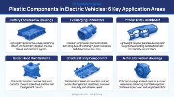 Six key plastic component application areas in electric vehicles infographic