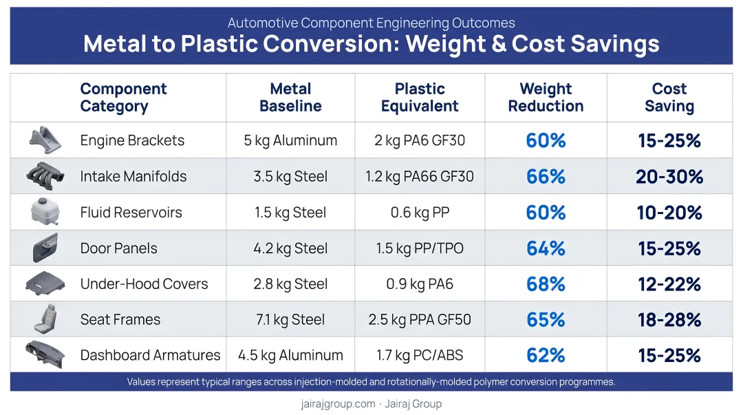 Metal to plastic automotive conversion outcomes weight and cost savings comparison table
