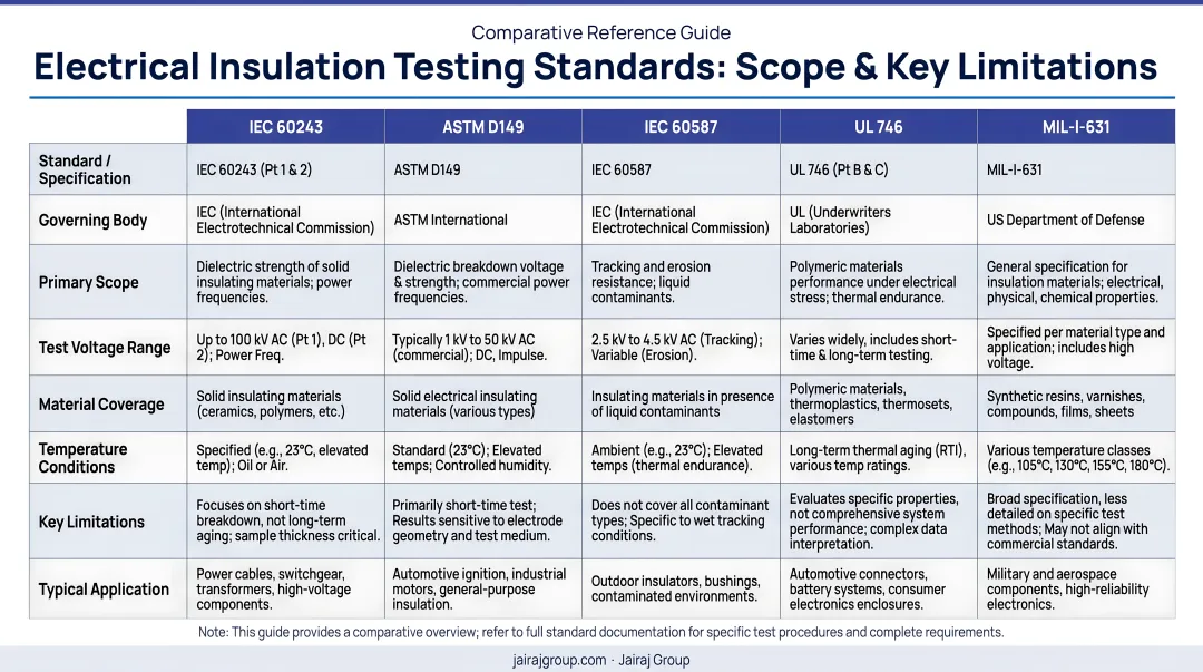 Electrical insulation testing standards comparison table scope and key limitations