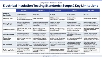 Electrical insulation testing standards comparison table scope and key limitations