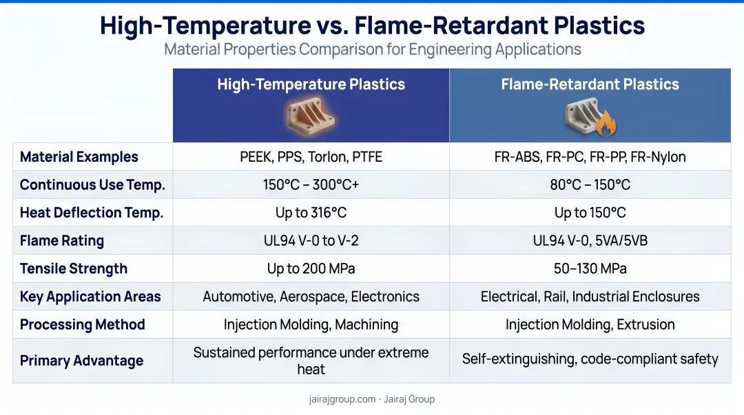 High-temperature versus flame-retardant plastics properties comparison infographic